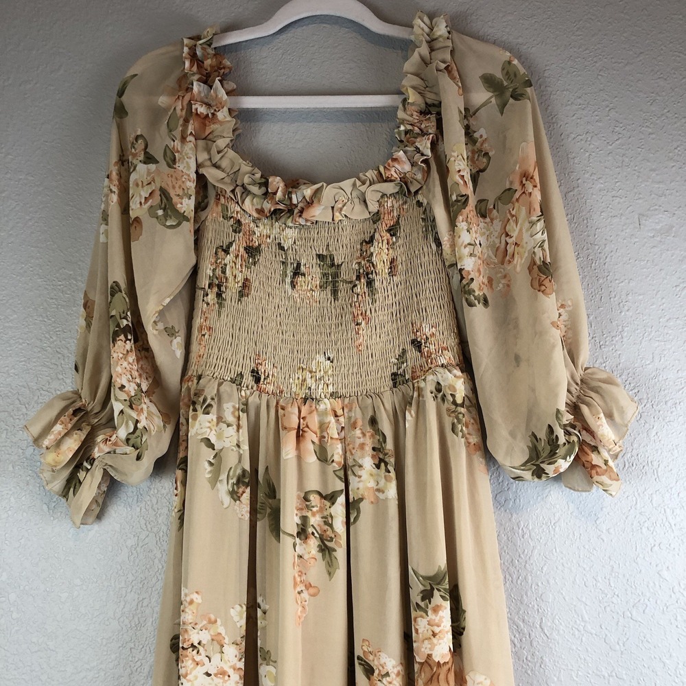 Aakaa Womens Babydoll Maxi Dress‎ Small Floral Smocked Boho Cottagecore Elegant - Picture 2 of 12
